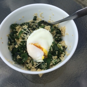 poached egg with collards and quinoa